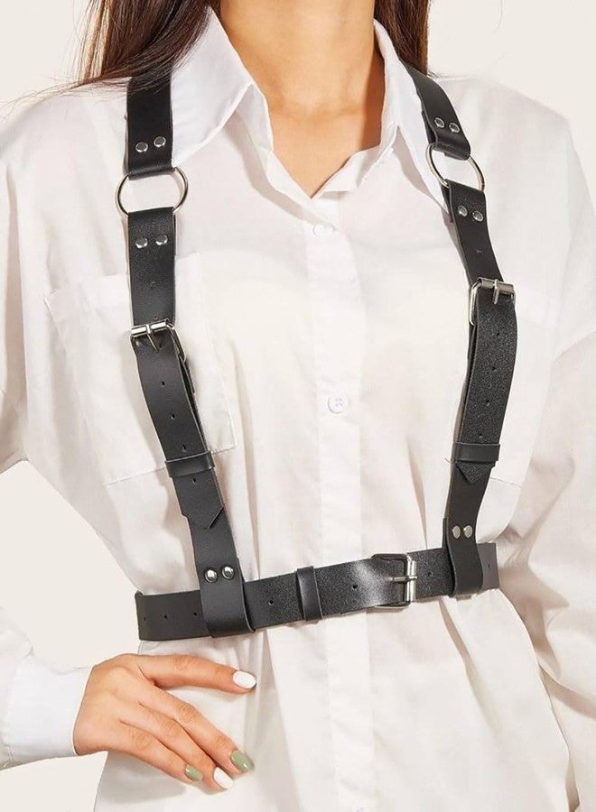 بلوزة جلدية سوداء قوطية للنساء، حزام خصر بانك، سلسلة للجسم، مشد قابل للتعديل، إكسسوارات زي للحفلات - Image 2